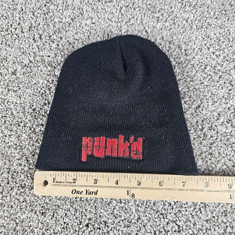 Vintage MTV Punk'd Beanie Hat Knit Cap Youth Size Black Ashton Kutcher Y2K USA